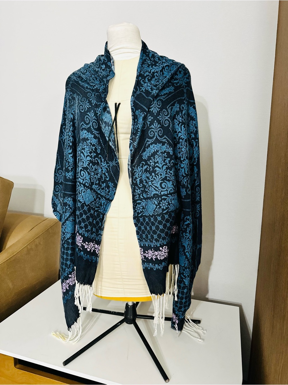 Orb Navy Floral Damask Woven Shawl Scarf with Fringe